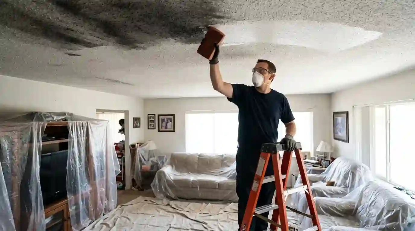 Soot cleanup on a living room ceiling