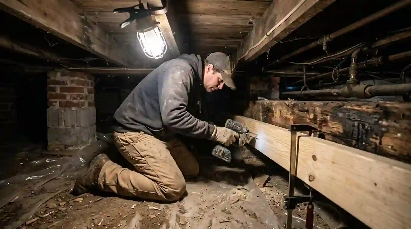 New lumber sistered to a damaged floor joist