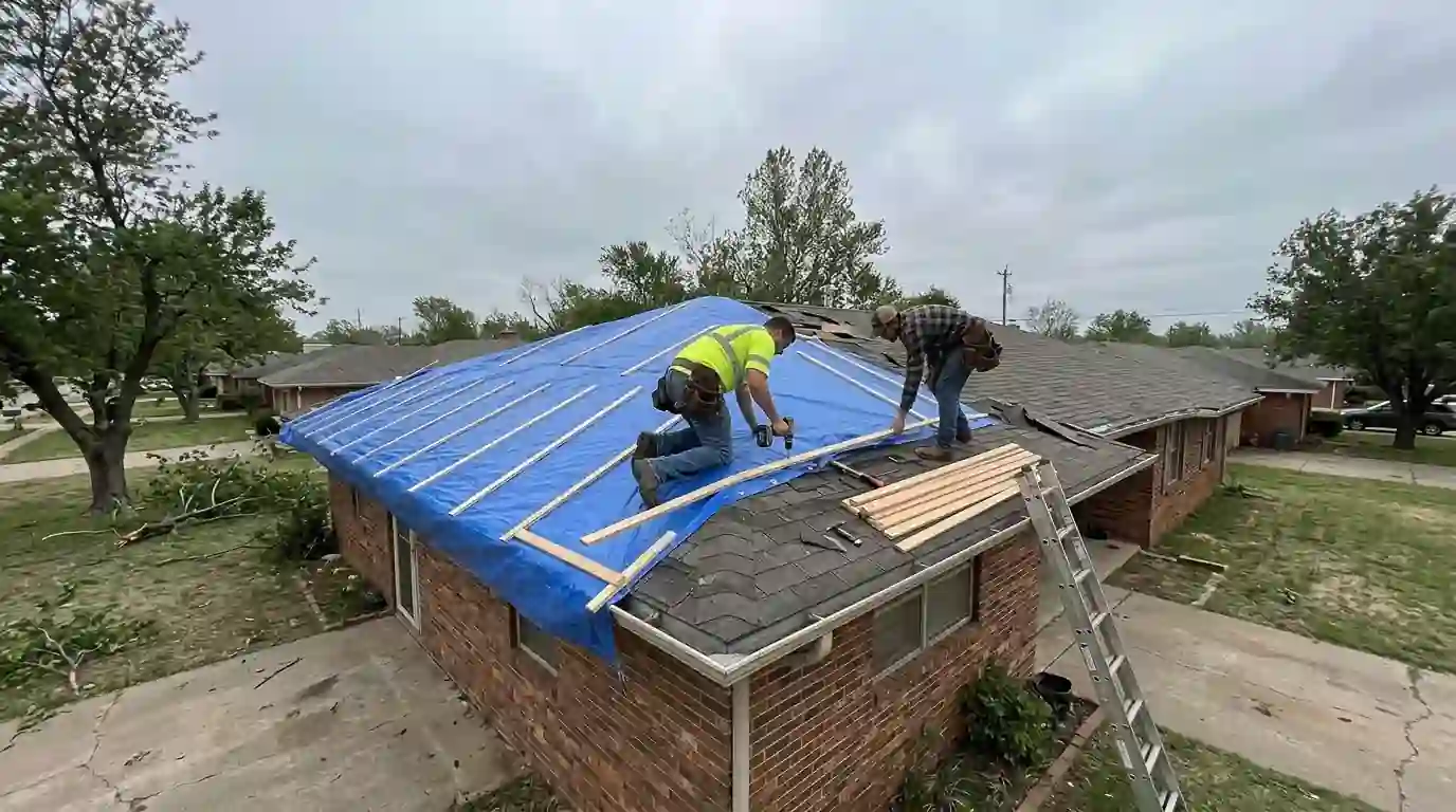 Tarping a wind-damaged roof