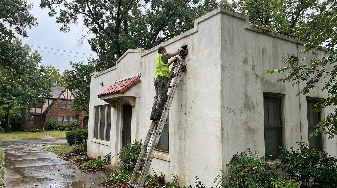 Worker clearing a roof drain on a Spanish-style house