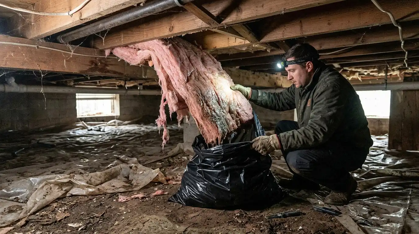 Removing wet insulation under the floor