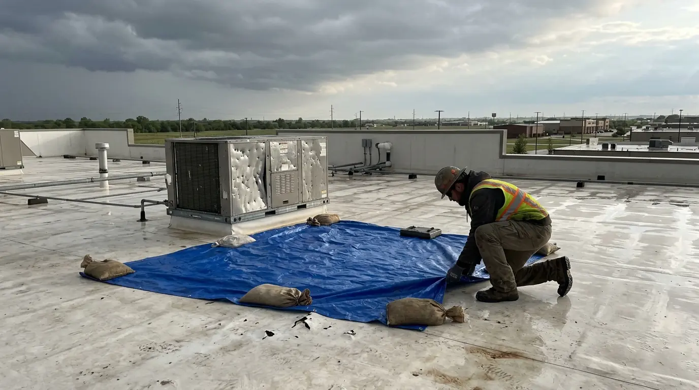 Tarping a hail-damaged flat commercial roof