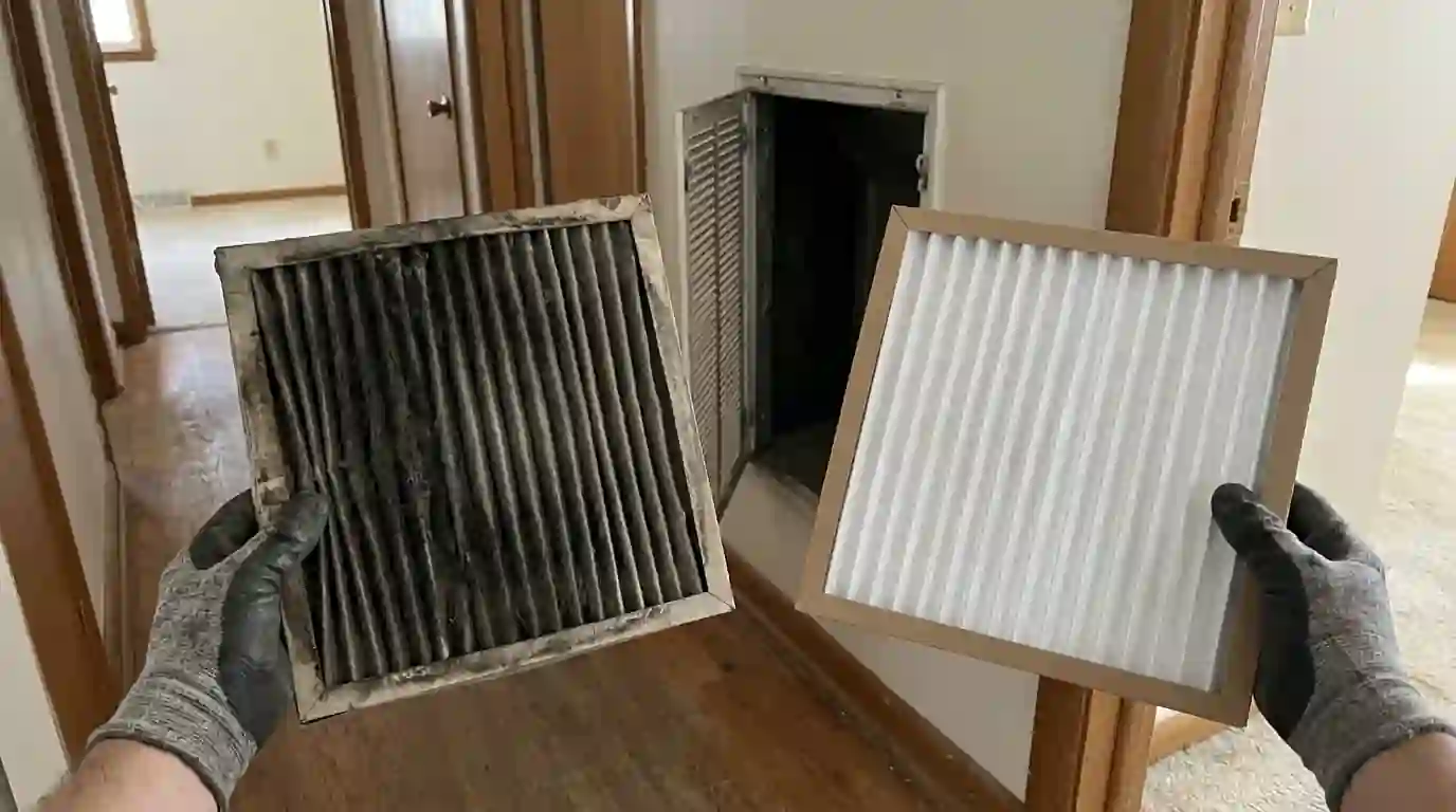 Soot-coated HVAC filter beside a clean one