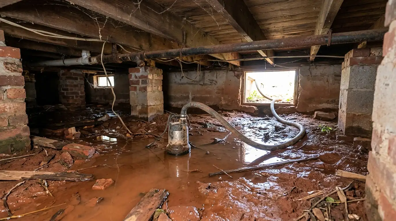 Standing water in a crawl space being pumped