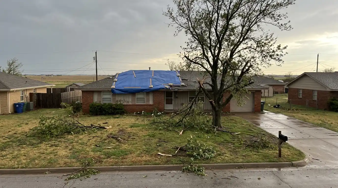 Blue tarp over a wind-damaged roof after a storm