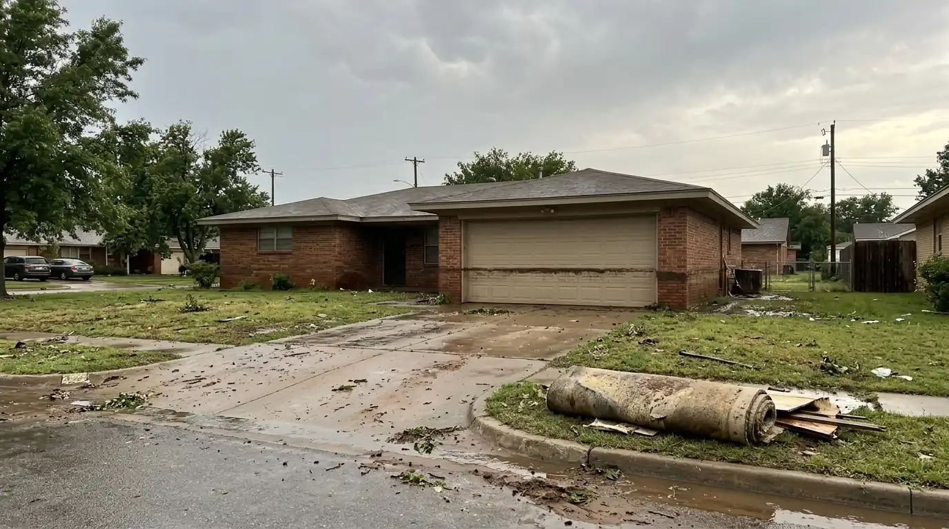 Brick ranch house with a flood line on the garage door