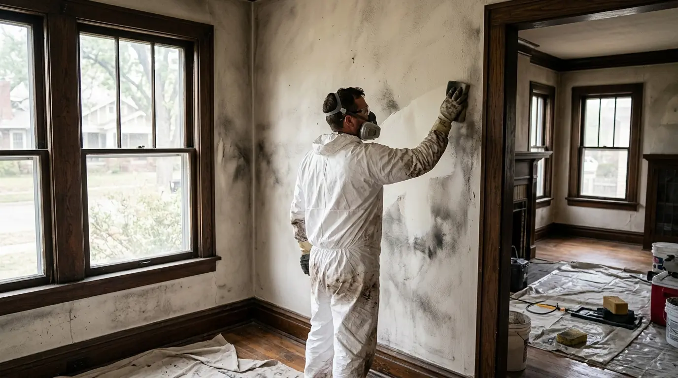 Worker cleaning soot from plaster walls in an older home