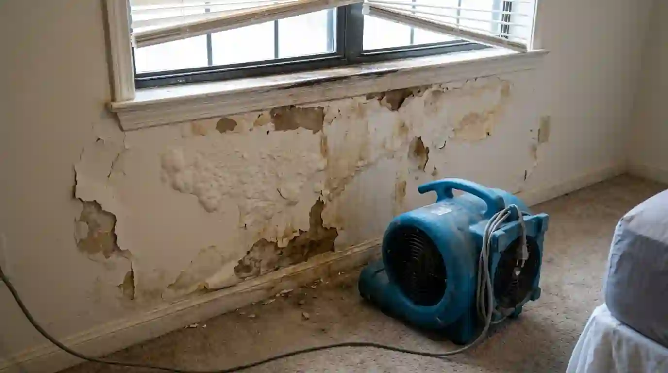 Water damage under a window after a storm