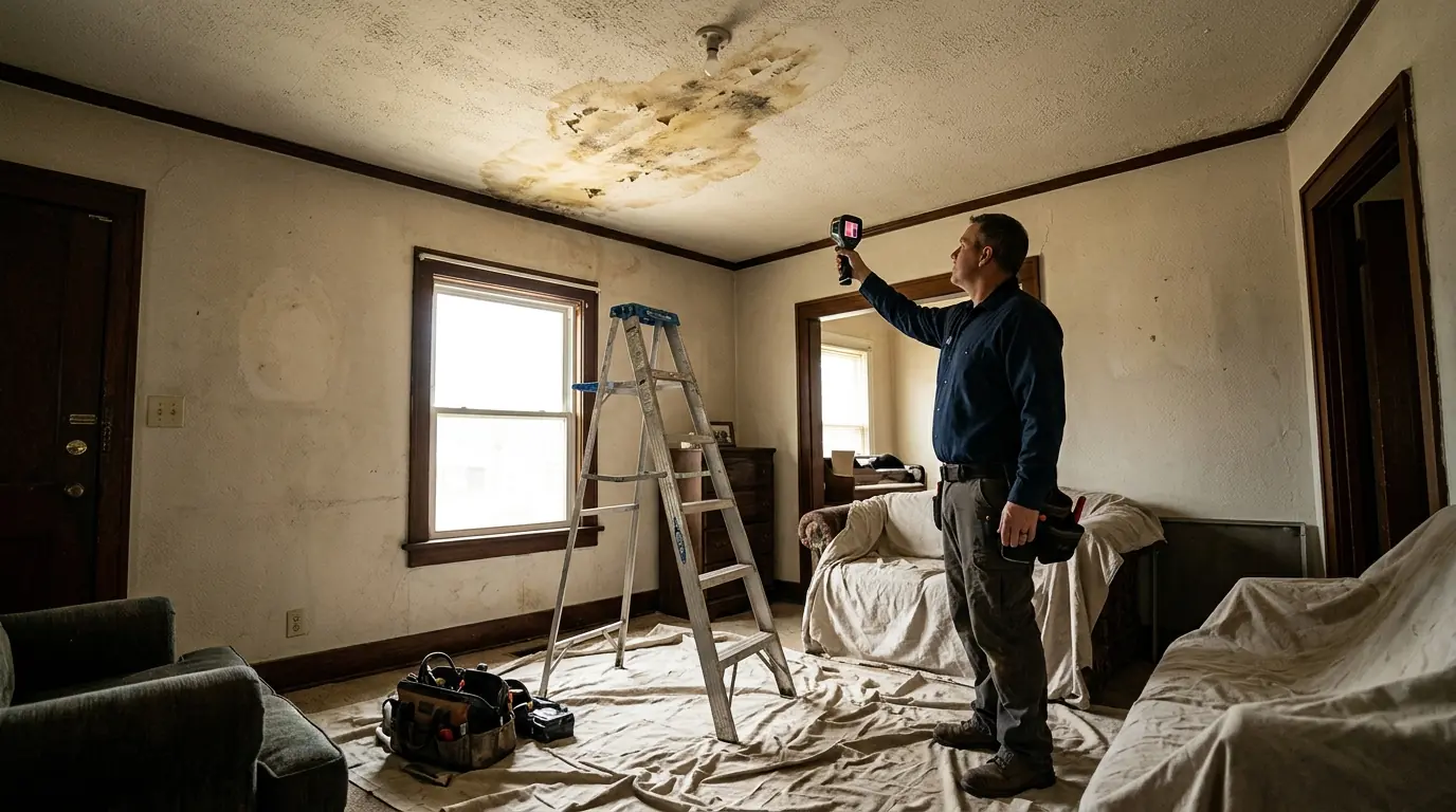 Technician scanning a ceiling stain with a thermal camera