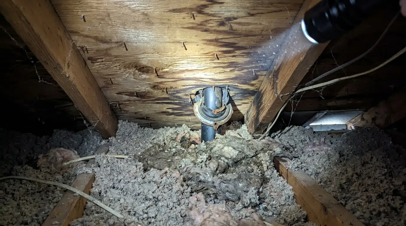 Water trail on attic roof boards near a vent