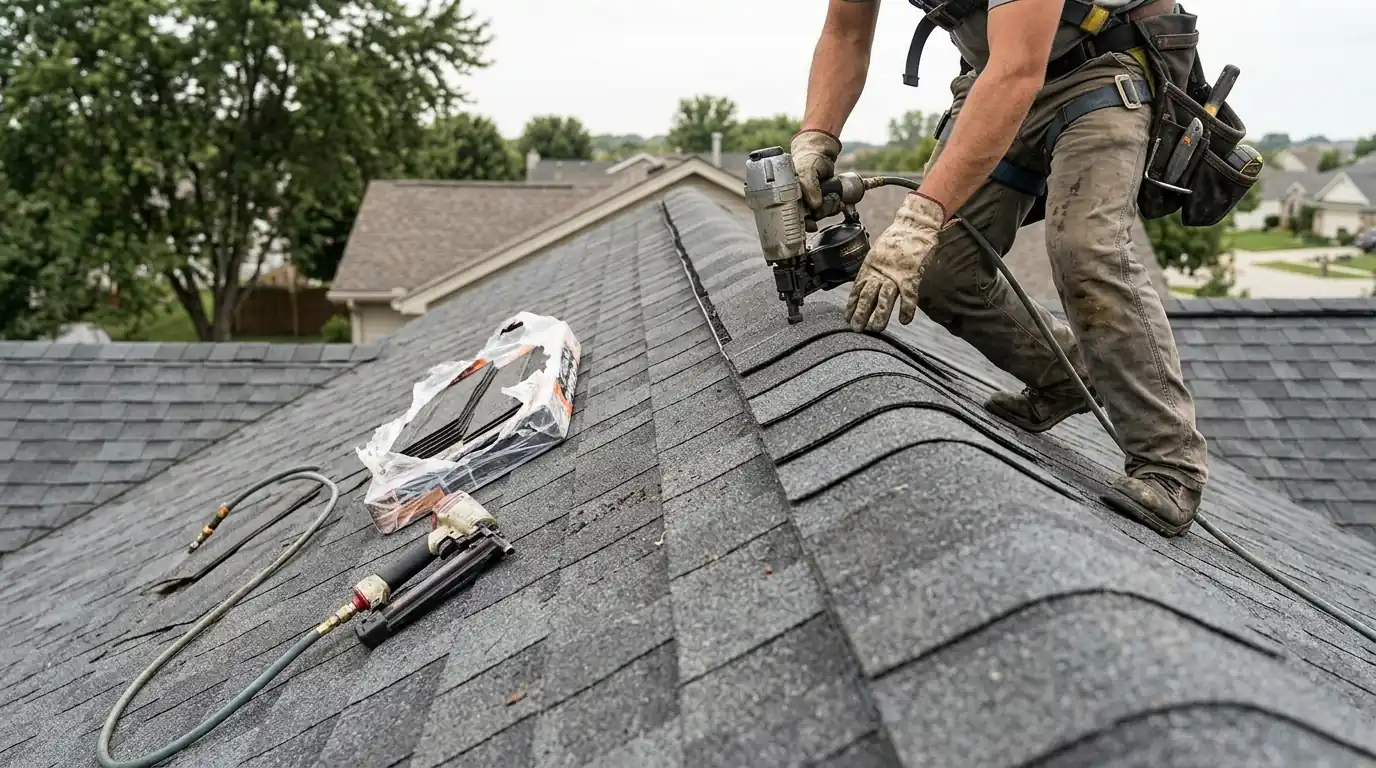 Installing new ridge cap along a roof peak