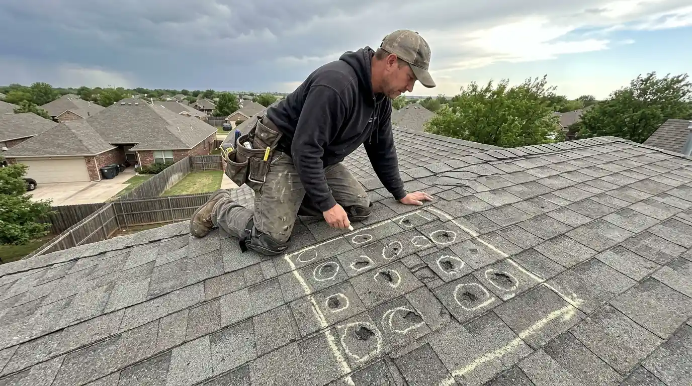 Chalked hail hits in a test square on a shingle roof