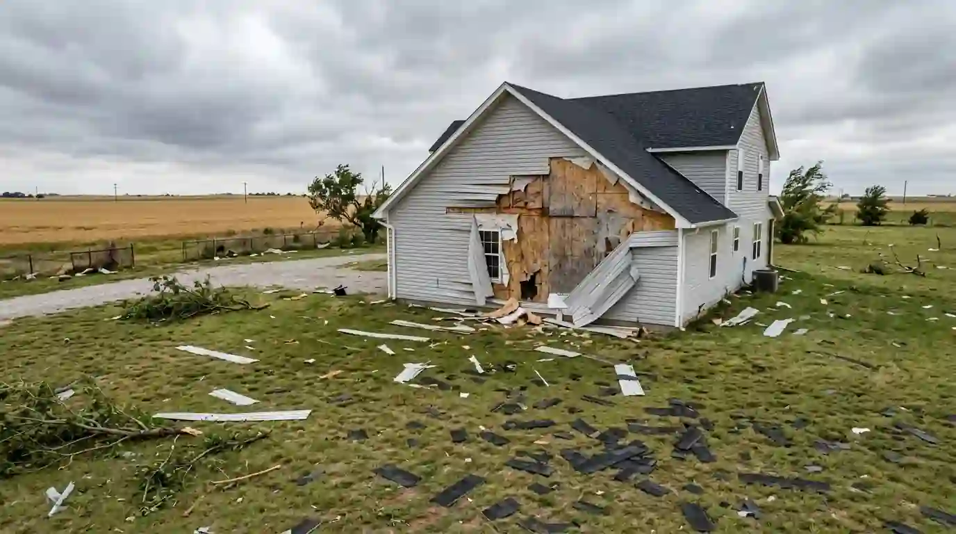 Acreage home with siding torn off by high wind