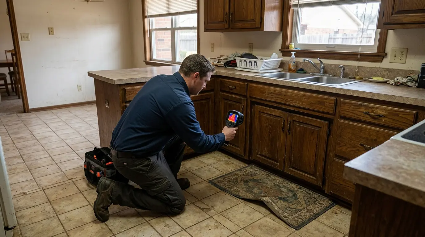 Technician using a thermal camera on a kitchen floor