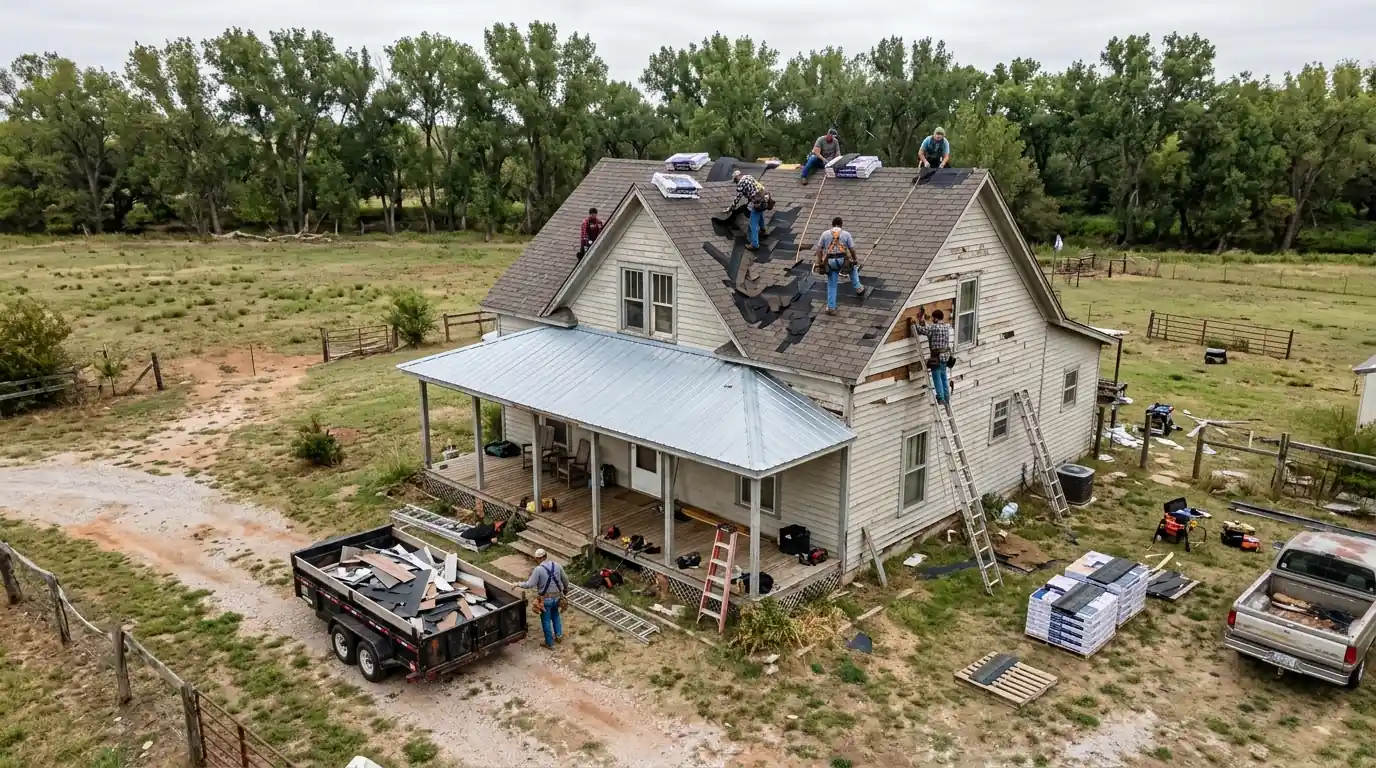 Crew repairing a storm-damaged roof on a country home