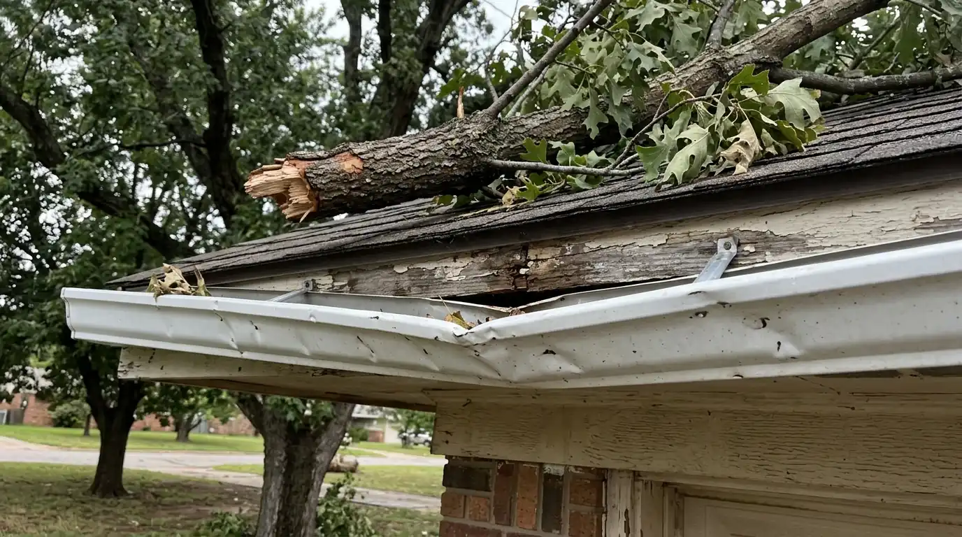 Hail-dented gutter pulling off soft fascia