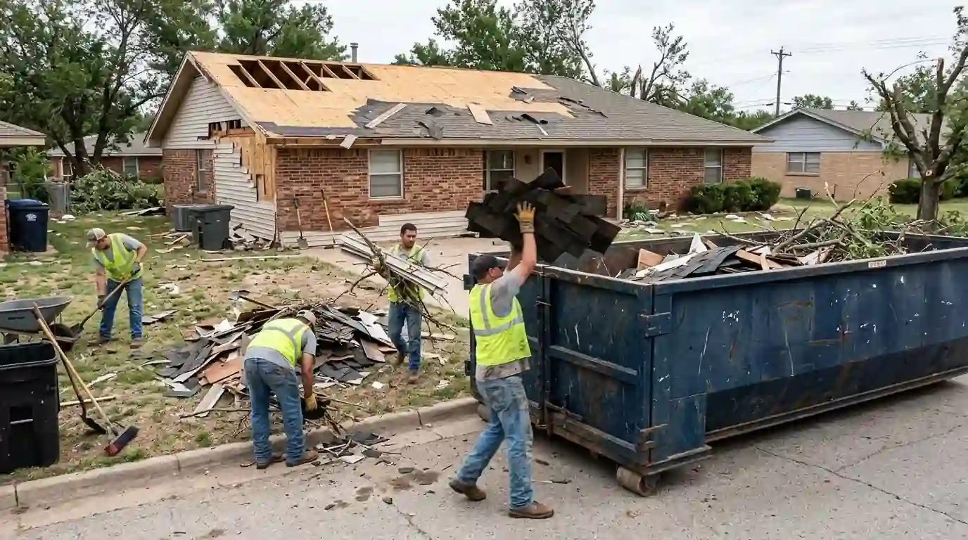 Loading tornado debris into a dumpster