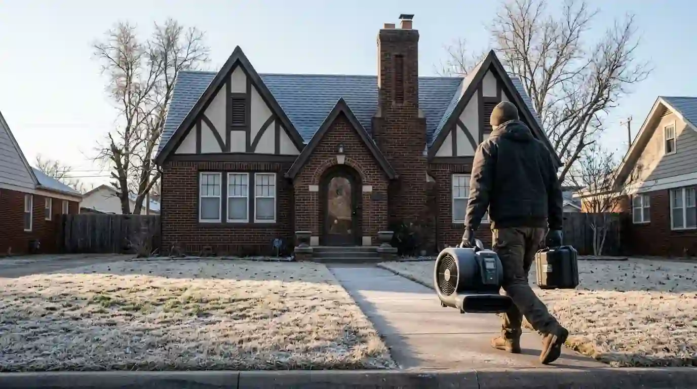 Technician arriving at a Tudor Revival house on a frosty morning