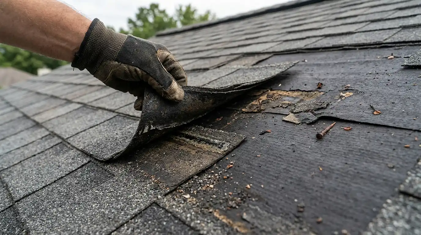 Lift testing a shingle tab beside missing shingles