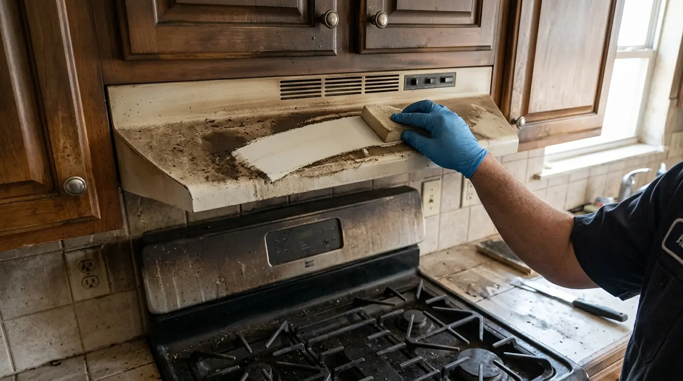 Dry sponge cleaning soot from cabinets above a stove