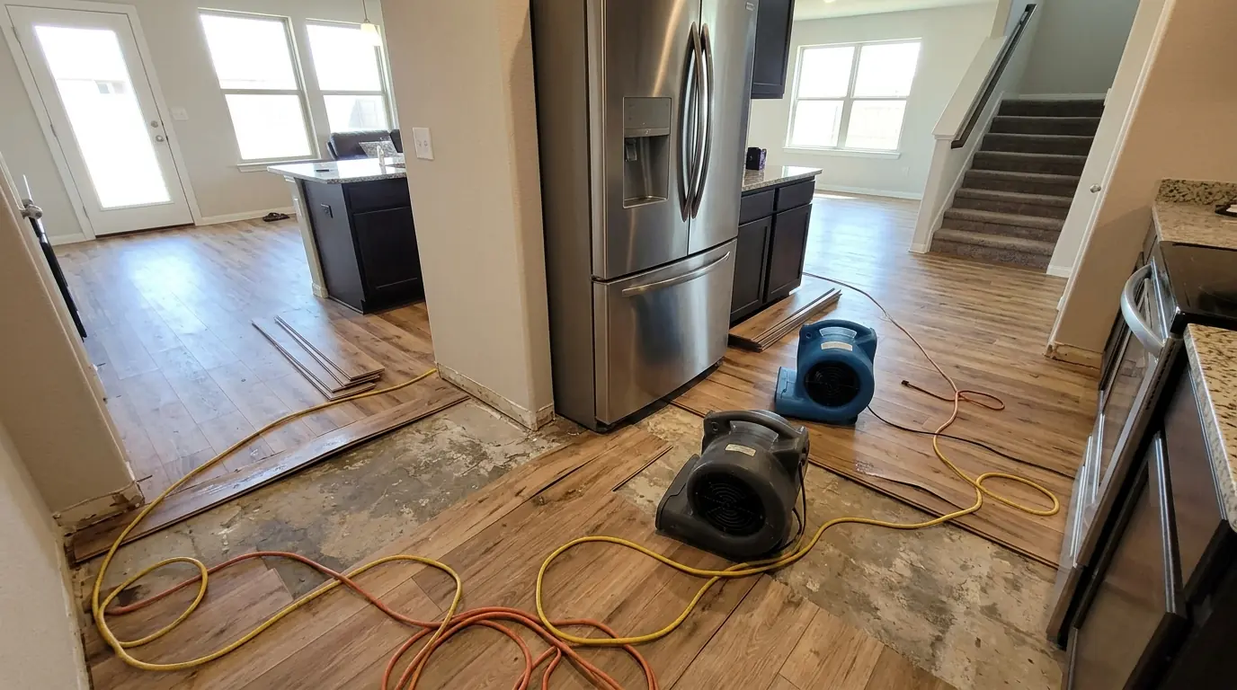Kitchen floor lifted to dry after an ice maker leak