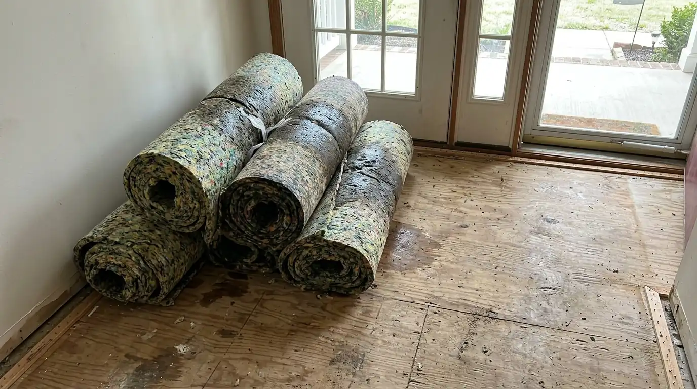 Wet carpet pad removed for replacement