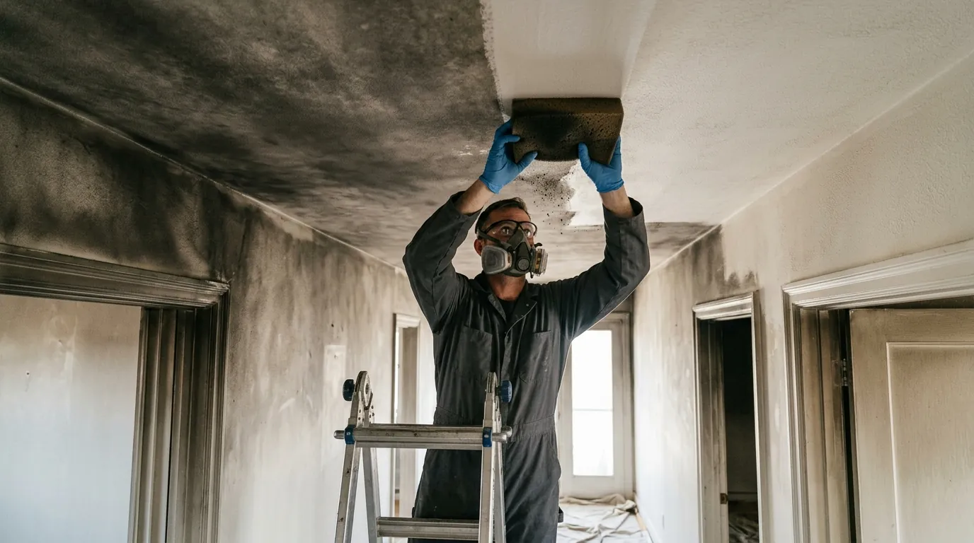 Soot sponge cleaning a smoke-stained ceiling