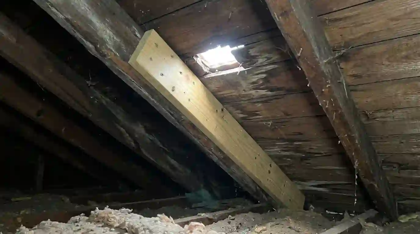 Sistered rafter beside cracked framing in an attic