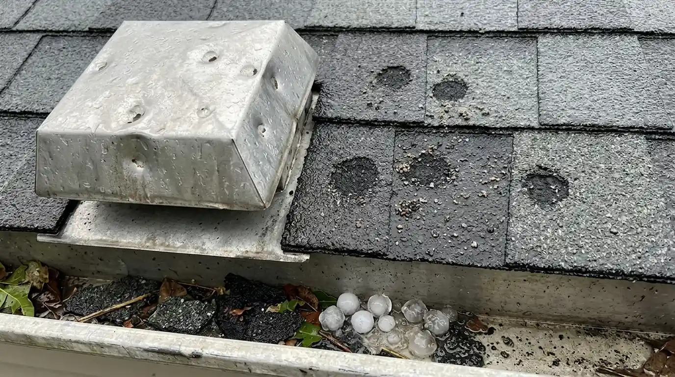 Hail-dented roof vent beside bruised shingles