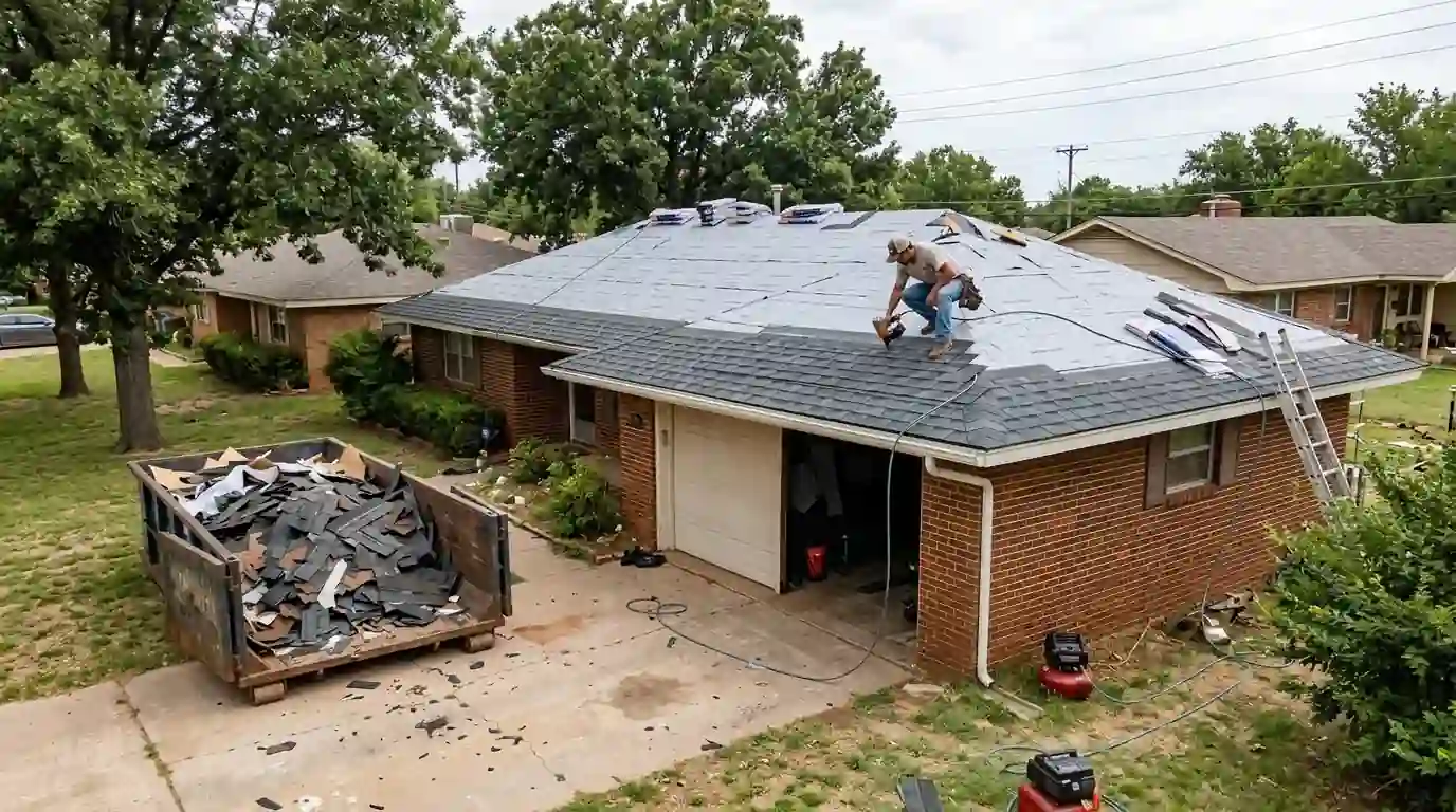 New architectural shingles going onto an Oklahoma City ranch house