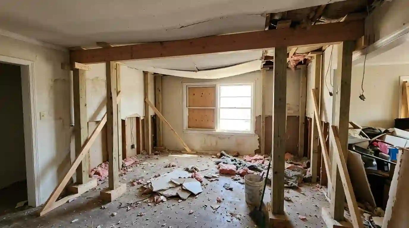 Shoring under a sagging ceiling after a tornado