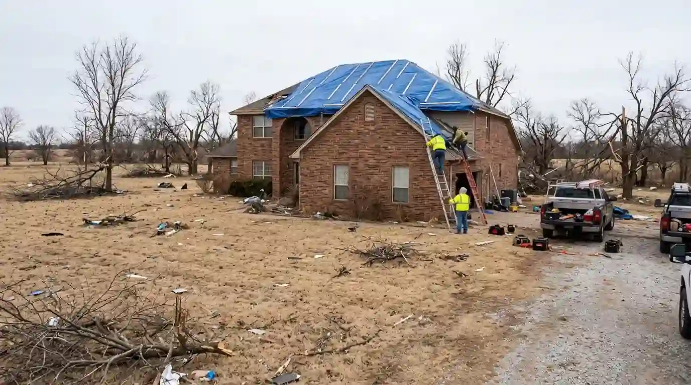 Crew tarping a tornado-damaged roof on a rural home