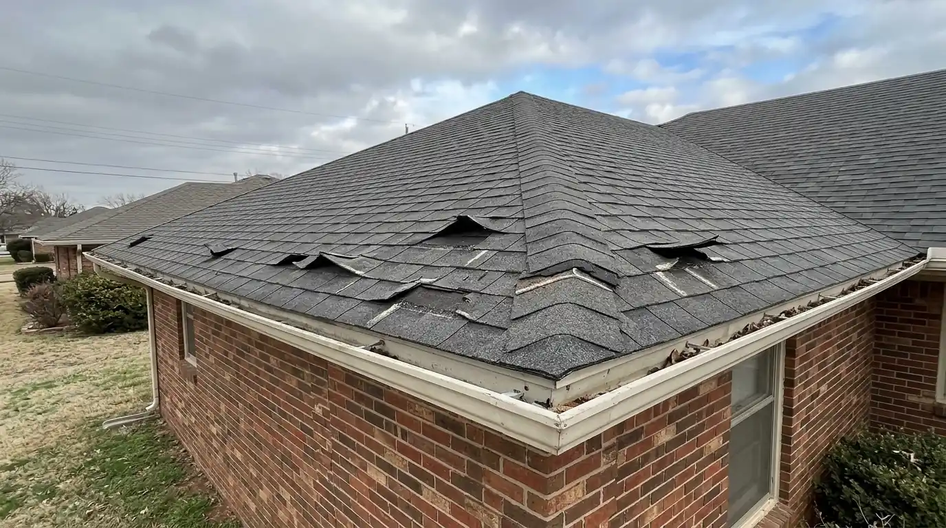 Wind-lifted shingle tabs on a brick ranch roof