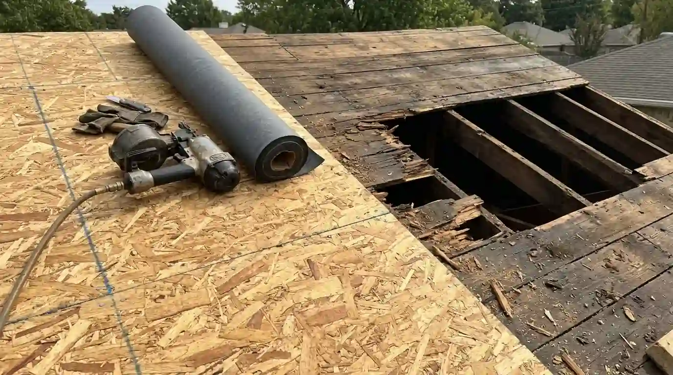Rotted roof decking replaced during a tear-off