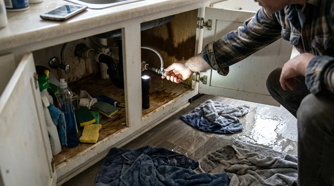 Closing the shutoff valve under a leaking kitchen sink