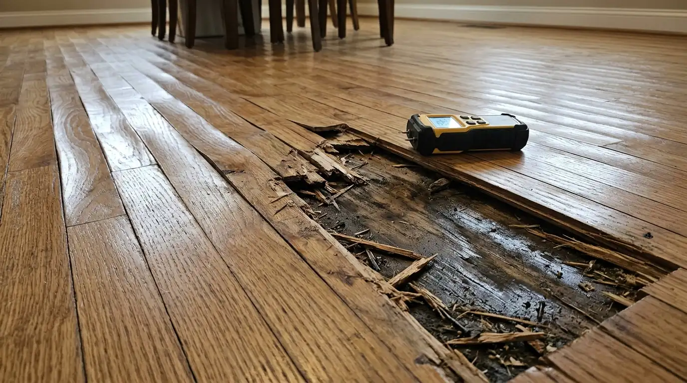 Cupped oak flooring pulled up after a leak