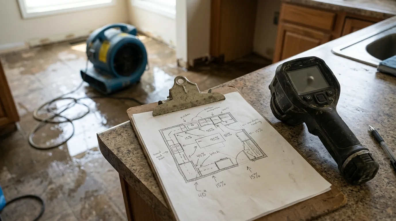 Floor sketch with moisture readings and a thermal camera