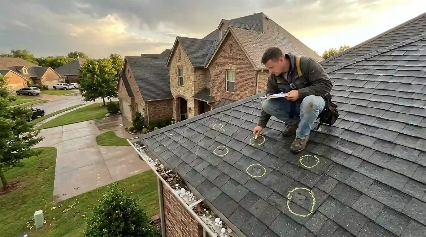 Roofer marking hail hits on an Edmond home's shingles