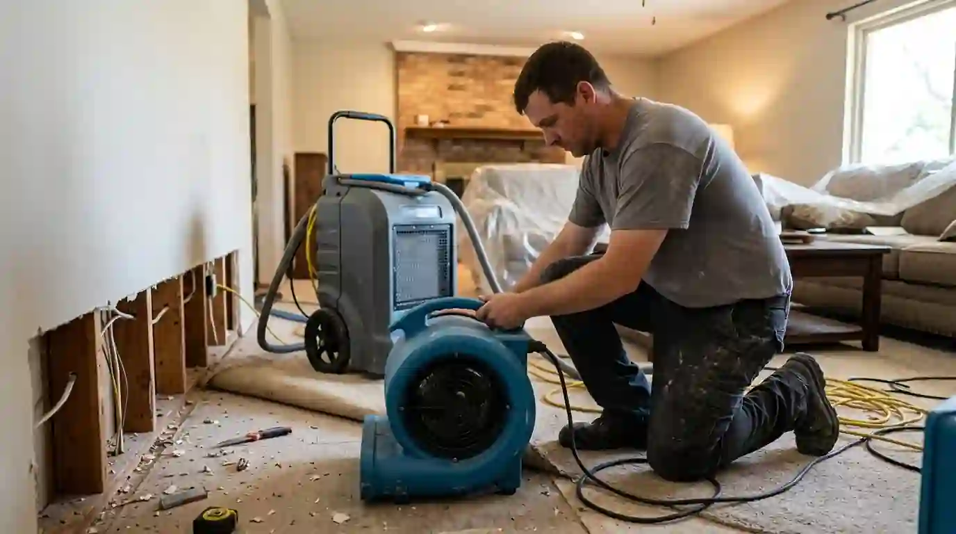 Damage repair crew setting up drying equipment in an Oklahoma City home