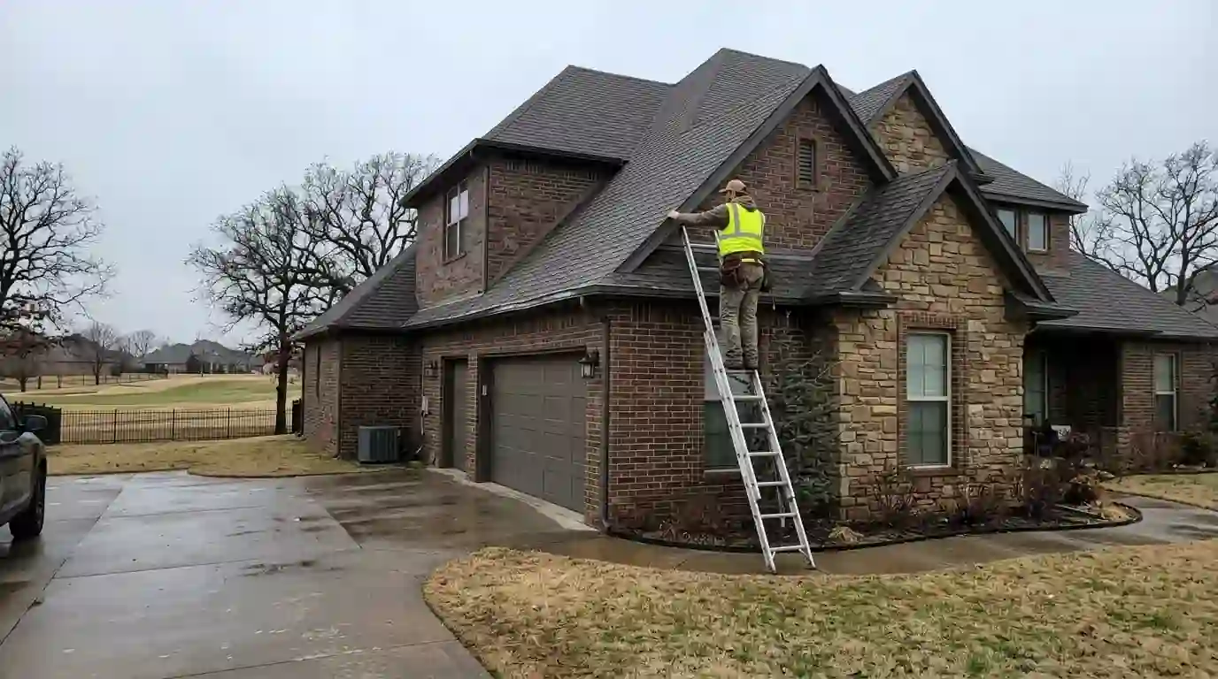 Roofer checking hail damage on a north Oklahoma City home
