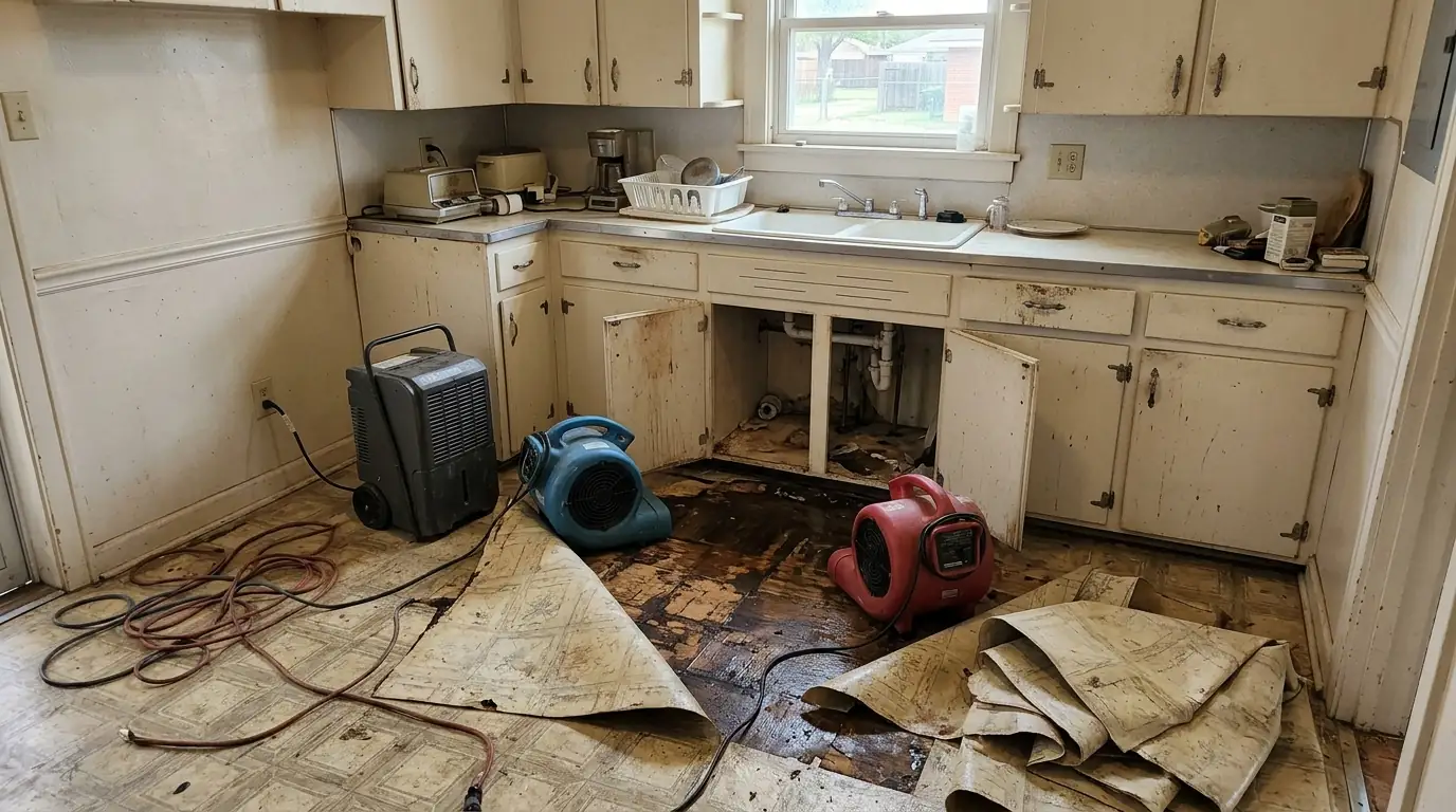 Drying equipment on a kitchen floor after a burst pipe