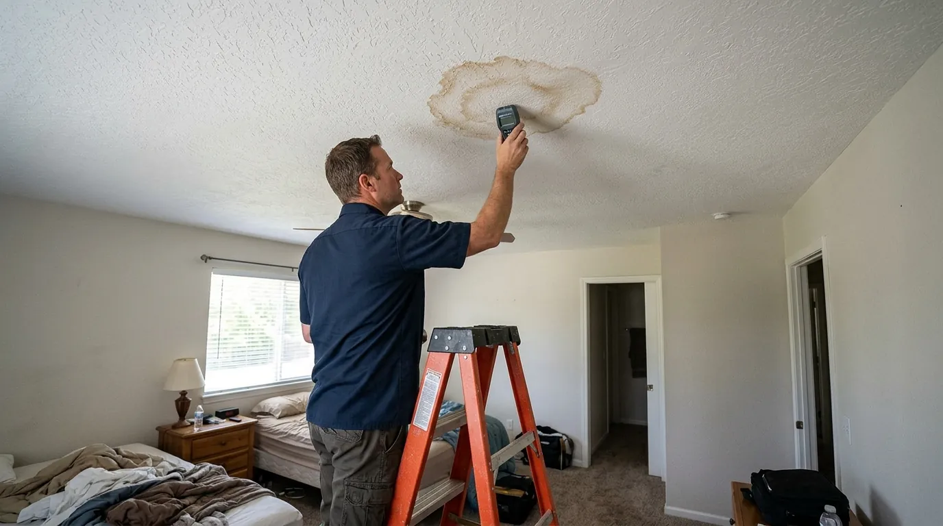 Checking a water stain on a ceiling