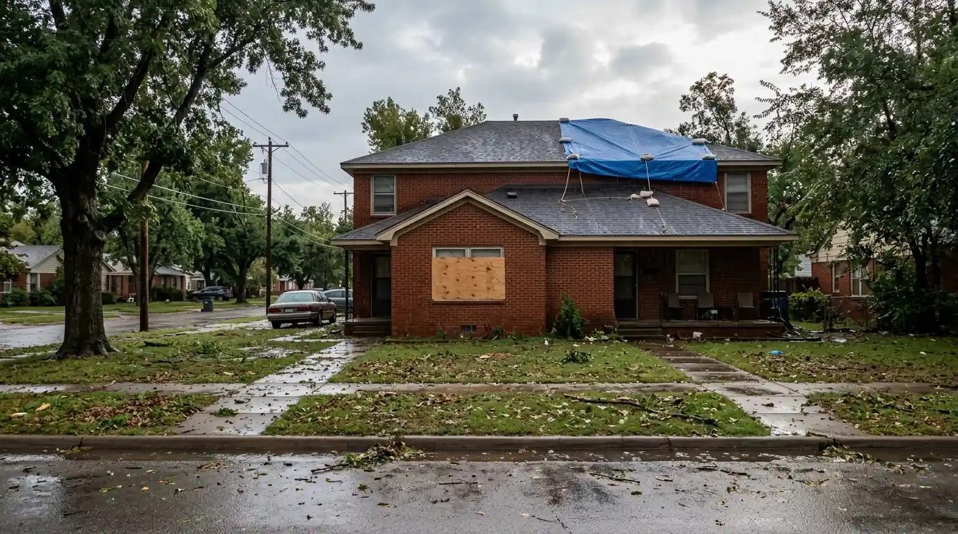 Brick duplex with boarded window and tarped roof after a storm
