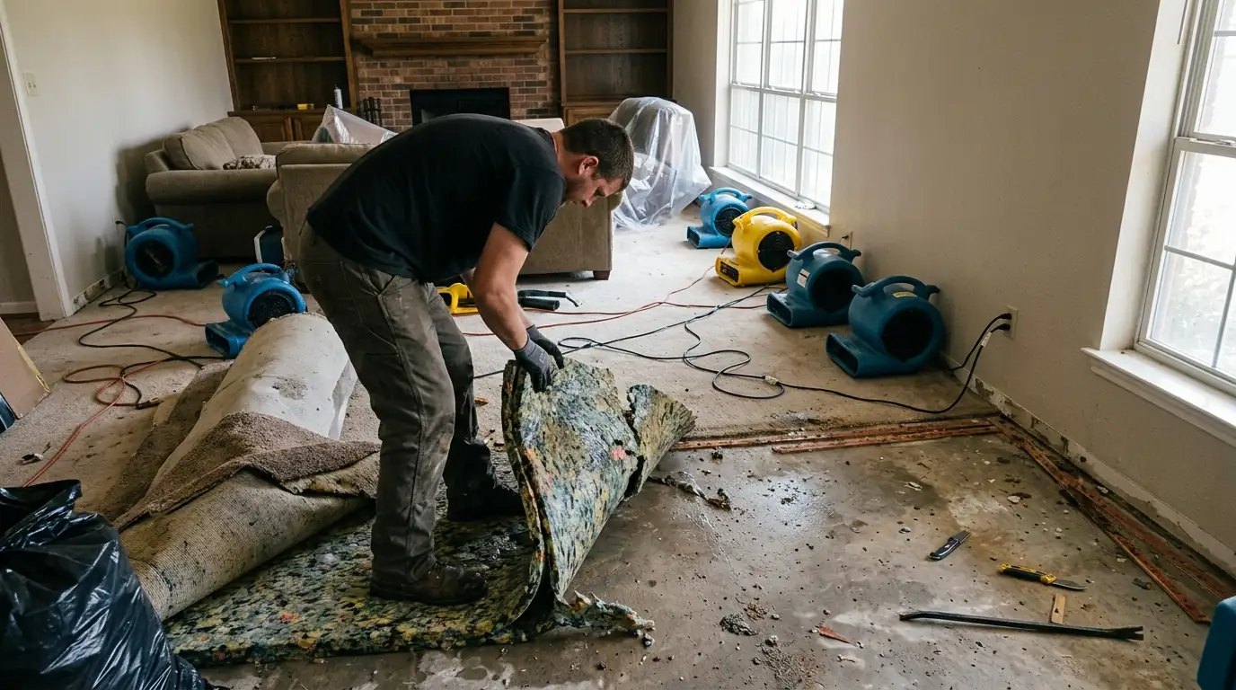 Wet carpet pad being pulled up in an Oklahoma City family room