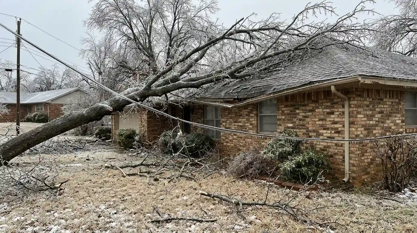 Ice-laden tree limb resting on a damaged house roof