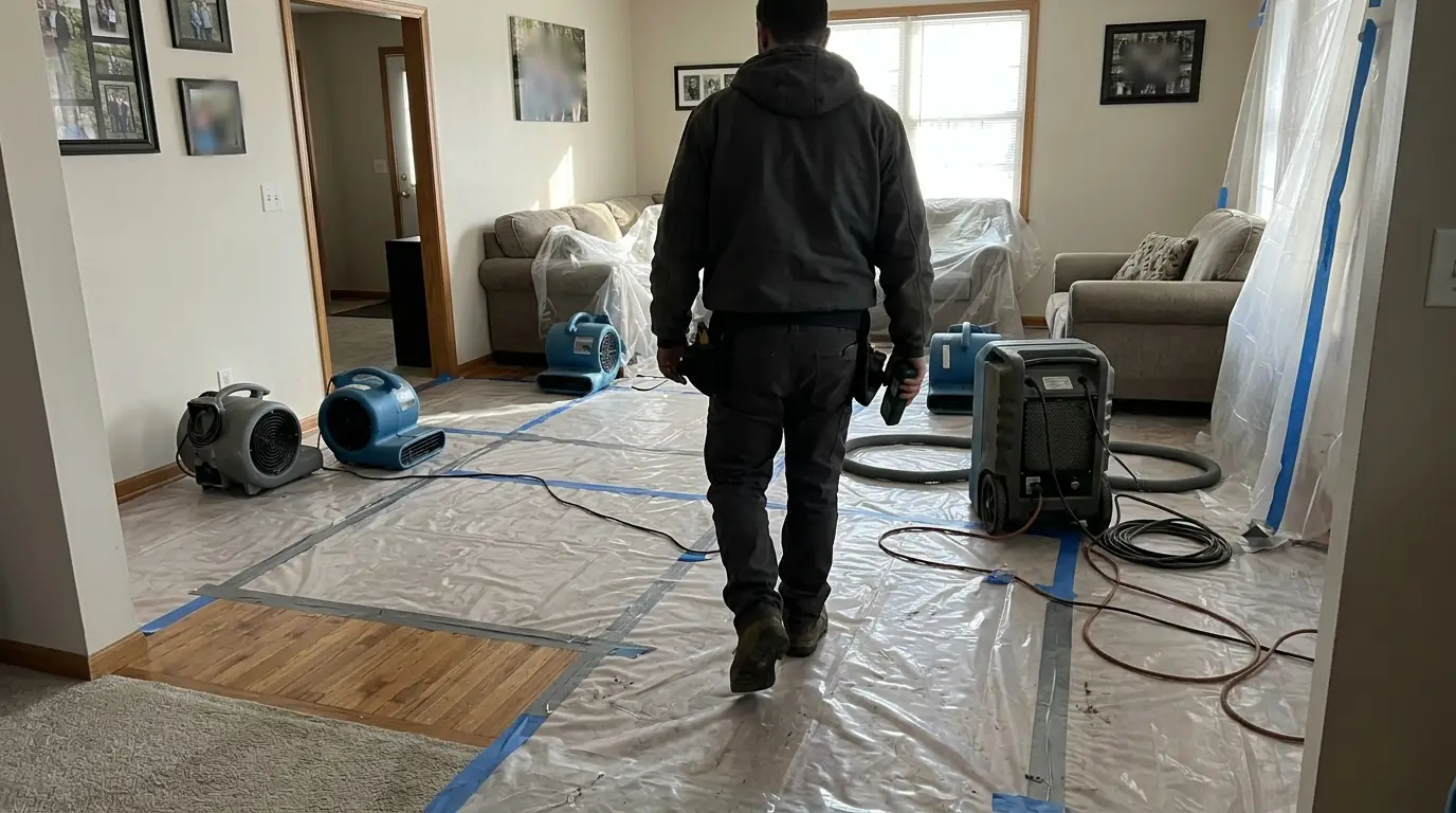 Homeowner and technician reviewing a room under drying equipment