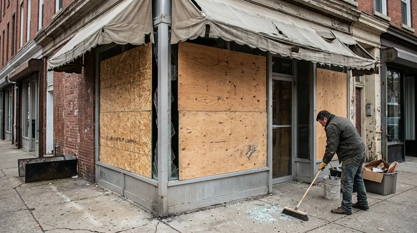 Boarded storefront glass after a storm