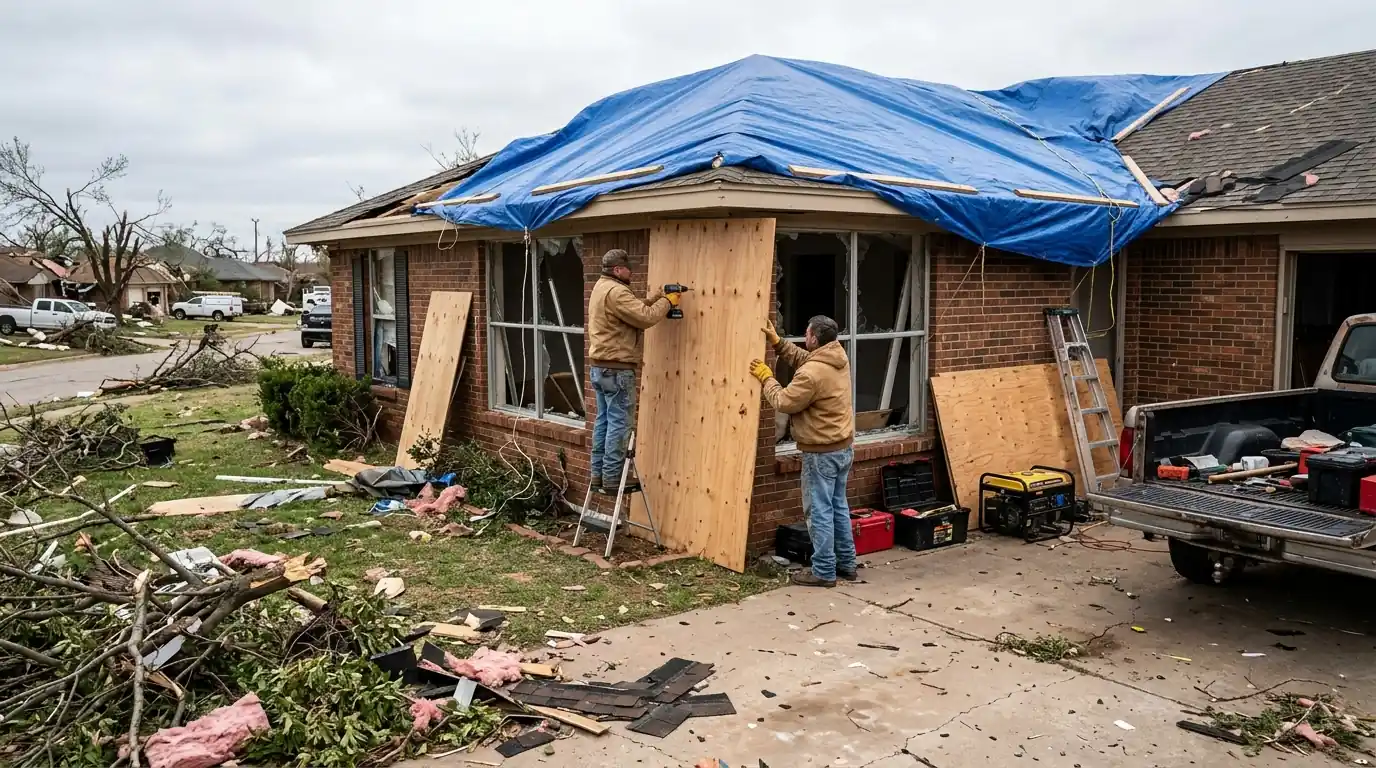 Boarding up windows on a tornado-damaged brick house