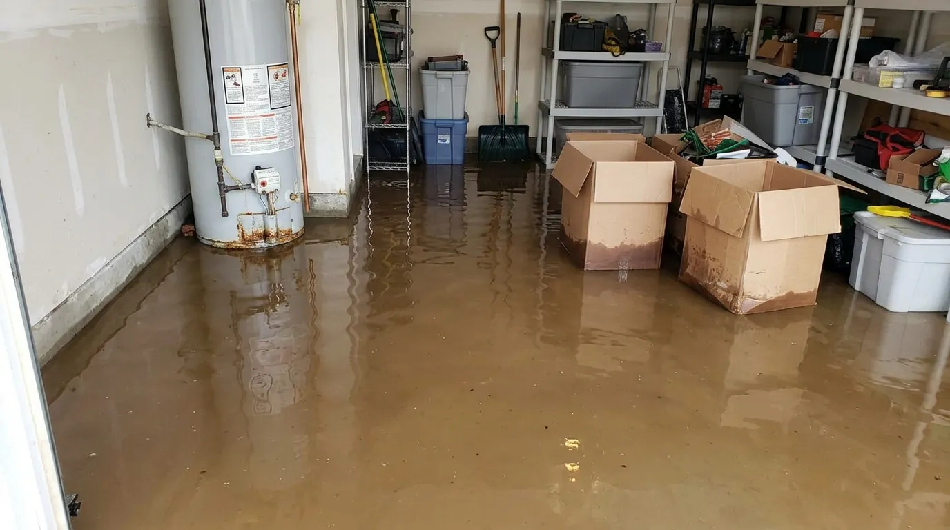 Flooded attached garage with soaked boxes