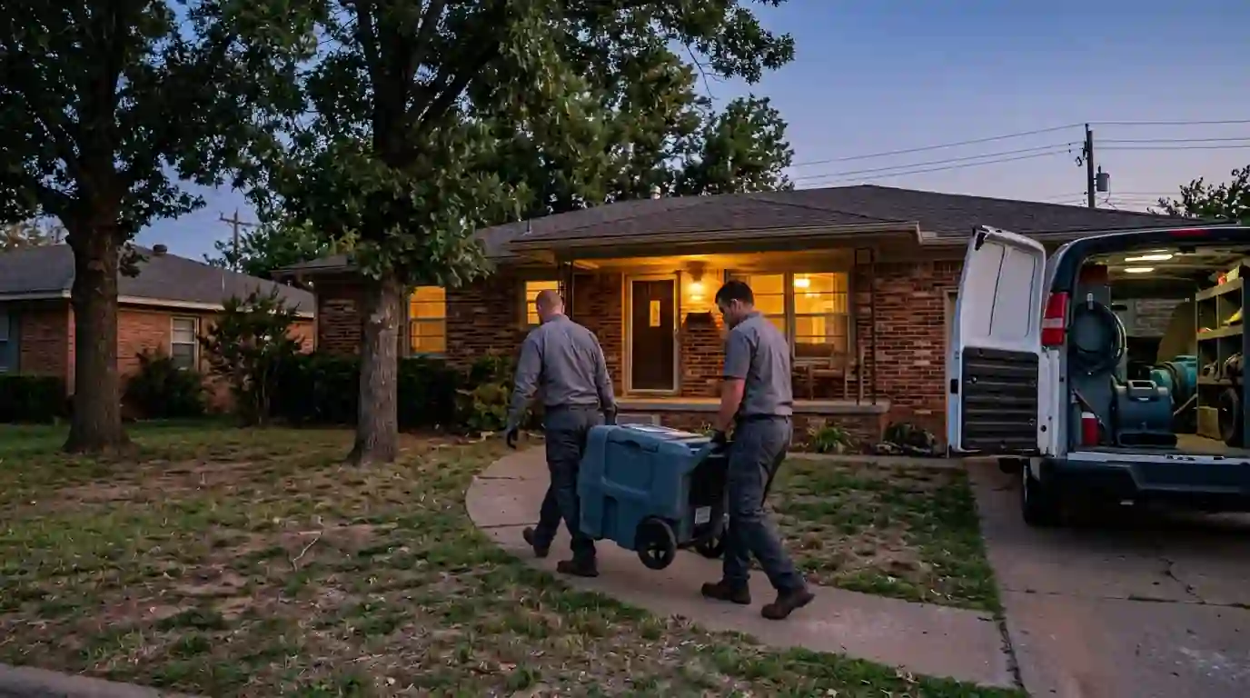 Technicians carrying drying equipment into a house